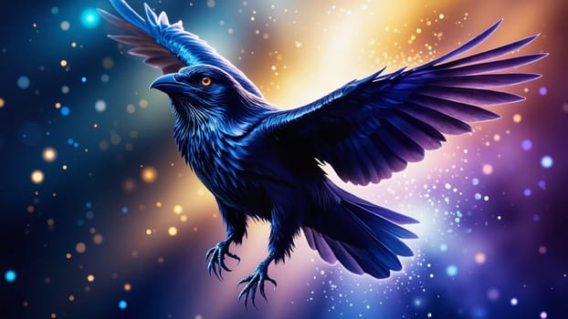 A colorful bird with a glowing eye is flying through a starry sky