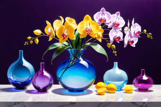 Orchids in various shades, placed in glass vases alongside lemons and crystals. Soft pastel background complements floral arrangement. Perfect for decor, interior design, or lifestyle themes