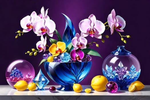 Orchids in various shades, placed in glass vases alongside lemons and crystals. Soft pastel background complements floral arrangement. Perfect for decor, interior design, or lifestyle themes