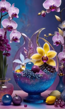 Orchids in various shades, placed in glass vases alongside lemons and crystals. Soft pastel background complements floral arrangement. Perfect for decor, interior design, or lifestyle themes