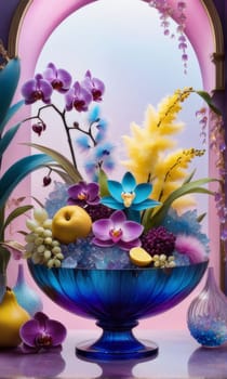 Orchids in various shades, placed in glass vases alongside lemons and crystals. Soft pastel background complements floral arrangement. Perfect for decor, interior design, or lifestyle themes