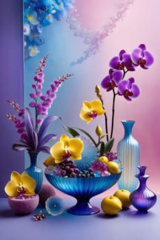 Artistic arrangement of colorful orchids in crystal vases with lemons and beads on pastel backdrop. Ideal for floral, interior design, or home decor themes. Bright and elegant