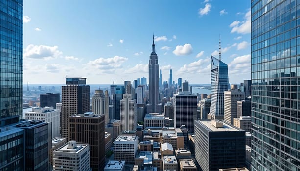 Towering glass and steel giants reach for the sky, bathed in the crisp, cool light of a clear day. The city's heart beats with an electric hum, pulsating with dreams and ambitions. The distant horizon promises endless possibilities, while the iconic Empire State stands sentinel, inspiring awe and wonder.