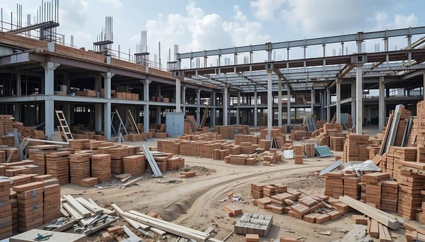 Beneath a vast sky, steel bones rise, skeletal and stark. Brick piles scatter like forgotten dreams. Dust whispers of labor, echoes of unfinished stories. Hope and toil mingle in the air, a symphony of progress and promise.