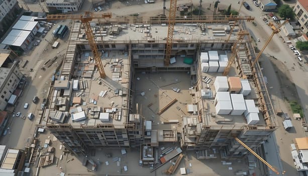 Towering cranes dance above a concrete skeleton, breathing life into barren grounds. Dusty air mingles with distant city hum, promising progress amidst desolation.