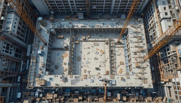 A towering cathedral of concrete and steel, silent and vast. Shadows dance as cranes sway, whispers of industry echoing. Cold air, stark lines, a monument to ambition, both awe-inspiring and isolating.