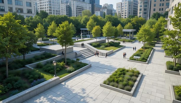 Sunlit plaza, tranquil amidst towering buildings. Whispers of leaves, soft laughter of distant strangers. A serene escape, where nature and urban life embrace, invoking calm and connection.
