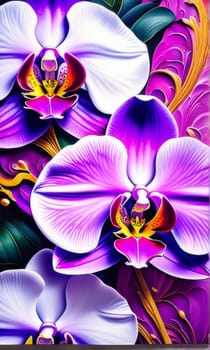 Beautiful orchid artwork, bold colors, intricate floral pattern, ideal for nature-inspired designs, artistic backgrounds, vibrant decor, or botanical themes