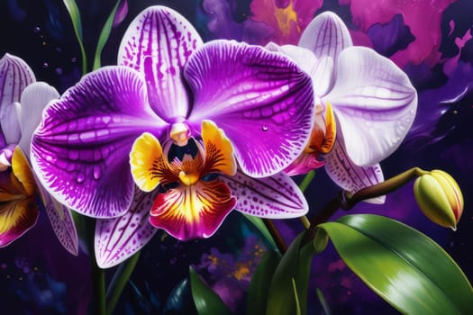 Beautiful orchid artwork, bold colors, intricate floral pattern, ideal for nature-inspired designs, artistic backgrounds, vibrant decor, or botanical themes