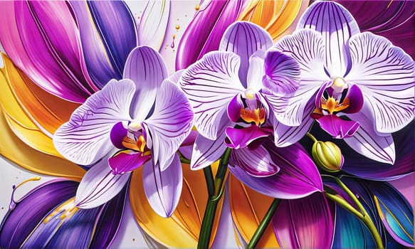 Rich orchid hues, detailed petals, bold floral design, perfect for artistic projects, exotic themes, vibrant backgrounds, or elegant decor accents