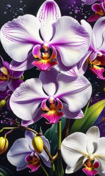 Vibrant orchid illustration, rich colors, detailed petals, perfect for nature-themed designs, artistic backgrounds, bold decor, or botanical inspirations