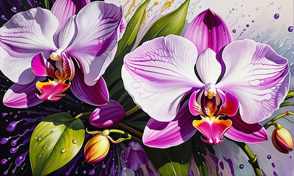Vibrant orchid illustration, rich colors, detailed petals, perfect for nature-themed designs, artistic backgrounds, bold decor, or botanical inspirations