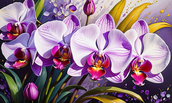 Vibrant orchid illustration, rich colors, detailed petals, perfect for nature-themed designs, artistic backgrounds, bold decor, or botanical inspirations