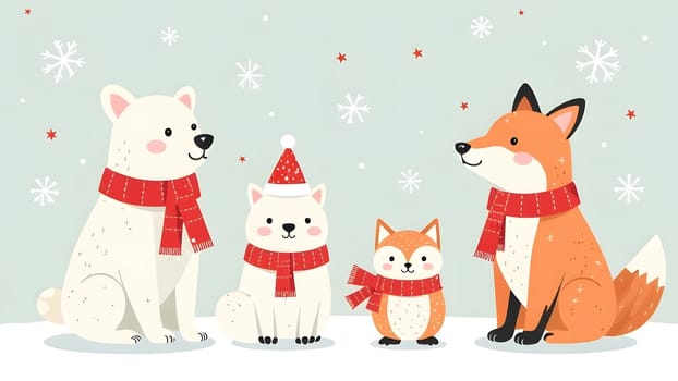 This seamless pattern of polar animals in festive attire, surrounded by snowflakes and stars, is perfect for wintry holiday themes.