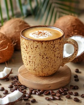 Vietnamese Coconut Coffee Preparation in a Bright Setting. Concept of Coffee Shops, Food Bloggers, Travel Agencies.