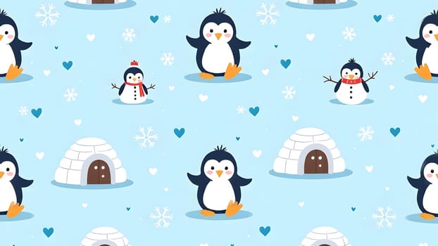 Cartoon penguins and snowmen frolic in a snowy wonderland of igloos and snowflakes, set against a pale blue background for a whimsical feel.