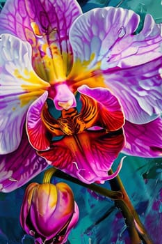 Rich orchid illustration, detailed petals, bold colors, ideal for creative projects, exotic themes, vibrant backgrounds, or elegant decor accents