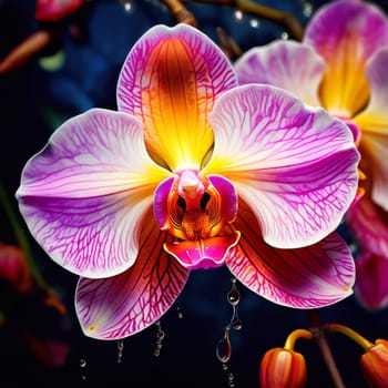 Rich orchid illustration, detailed petals, bold colors, ideal for creative projects, exotic themes, vibrant backgrounds, or elegant decor accents