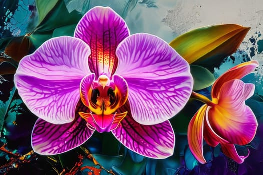 Vibrant orchid pattern, rich colors, detailed petals, perfect for floral art, creative designs, bold backgrounds, or botanical decor inspirations