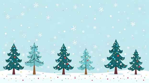 Seamlessly illustrated snow-covered trees in a serene winter landscape, scattered with gentle snowflakes