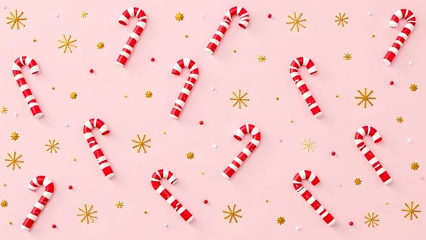 Red candy canes, swirled peppermints, and golden snowflakes make up this seamless festive pattern, perfect for holiday designs.
