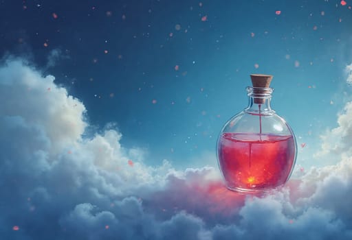 The image presents a digital illustration of a glass bottle filled with a red liquid, standing out against a backdrop of a blue sky dotted with white clouds. The bottle has a cork stopper and a small spout on its side, suggesting it might be a magical concoction. The bottle is positioned centrally in the image, drawing the viewer's attention. The blue sky and white clouds create a serene and dreamy atmosphere, enhancing the overall aesthetic of the image.