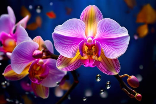 Vibrant orchid blooms with rich magenta, purple hues. Exotic petals in dynamic composition. Natures elegance captured in stunning floral display. Perfect for botanical enthusiasts, decor