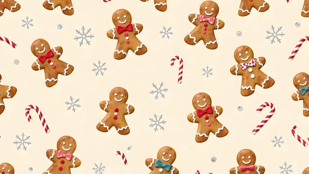 A whimsical seamless pattern of gingerbread cookies, candy canes, and snowflakes, symmetrically arranged on a soft cream or pastel background for a cheerful holiday vibe.
