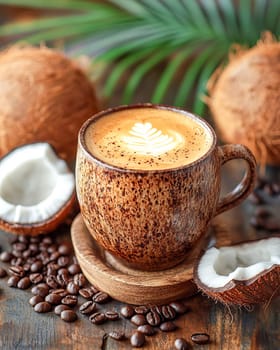Vietnamese Coconut Coffee Preparation in a Bright Setting. Concept of Coffee Shops, Food Bloggers, Travel Agencies.