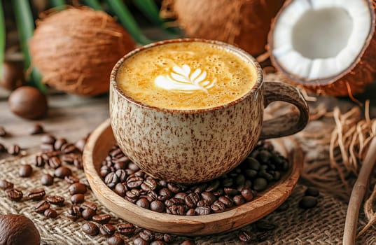 Vietnamese Coconut Coffee Preparation in a Bright Setting. Concept of Coffee Shops, Food Bloggers, Travel Agencies.