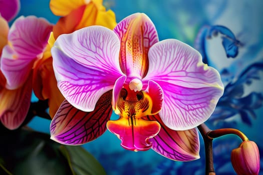 Rich magenta, purple orchid petals in full bloom. Captivating floral display with intricate details. Perfect for botanical prints, home decor, nature enthusiasts