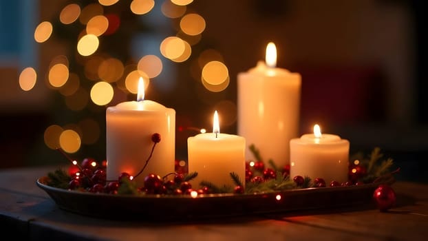 Warm candlelight flickers in harmony with twinkling fairy lights, creating a festive ambiance in this image with a blurred, cozy backdrop.