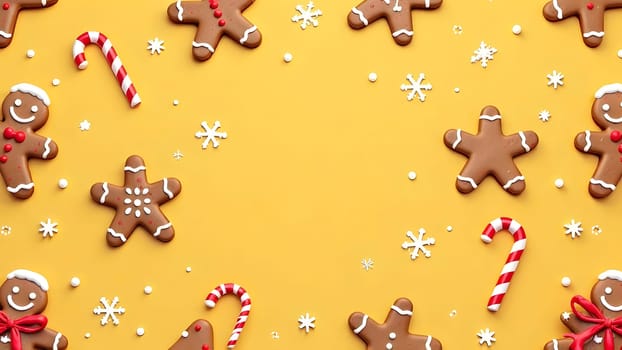 A whimsical seamless pattern featuring gingerbread cookies, striped candy canes, and intricate snowflakes, symmetrically arranged on a shimmering gold background for a festive and playful Christmas feel.