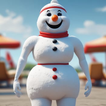 a funny snowman stands near the pool or on the beach. High quality photo