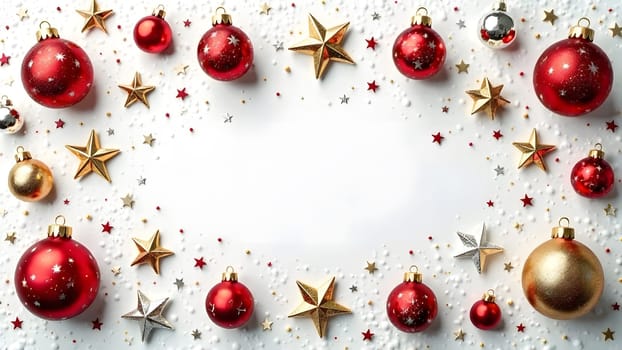 A seamless pattern featuring Christmas ornaments in gold, silver, and red baubles, stars, and bells arranged symmetrically on a snowy white background for a festive and elegant holiday design.