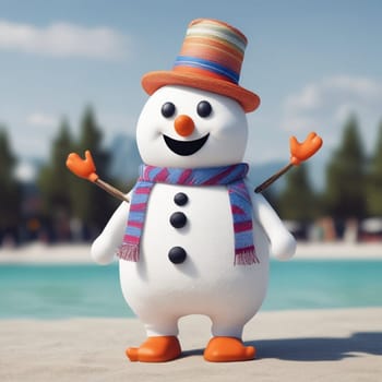 a funny snowman stands near the pool or on the beach. High quality photo