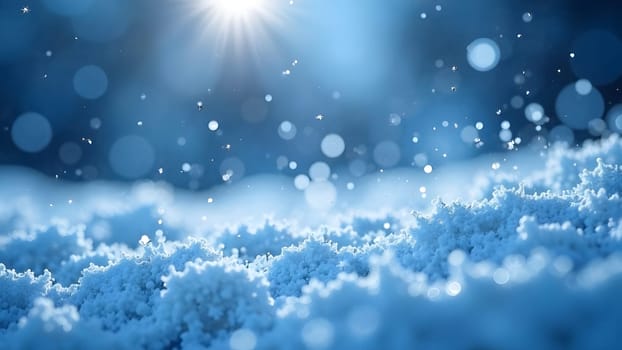 A mesmerizing image of delicate snowflakes falling gently, refracting light as they descend on a gradient blue background.