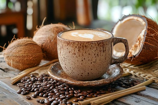 Vietnamese Coconut Coffee Preparation in a Bright Setting. Concept of Coffee Shops, Food Bloggers, Travel Agencies.