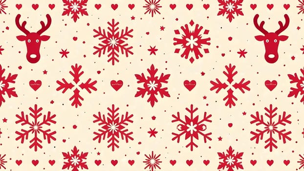 This symmetrical design features Nordic-inspired snowflakes and reindeer, creating a timeless red-and-white holiday pattern on cream.