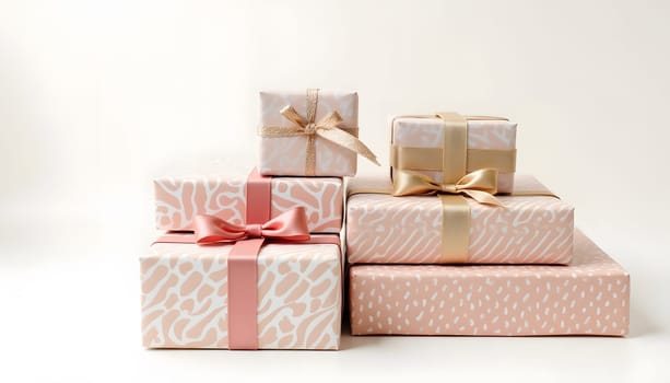 A stack of beautifully wrapped presents in different patterns, isolated on a simple background to emphasize their festive appeal. Ideal for holiday gifting and celebrations