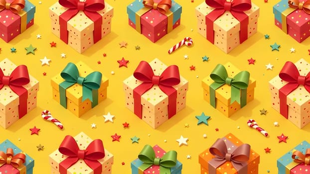 A seamless pattern of brightly colored wrapped presents with oversized bows, candy canes, and scattered stars, symmetrically arranged on a vibrant gold background for a festive Christmas and New Years vibe.