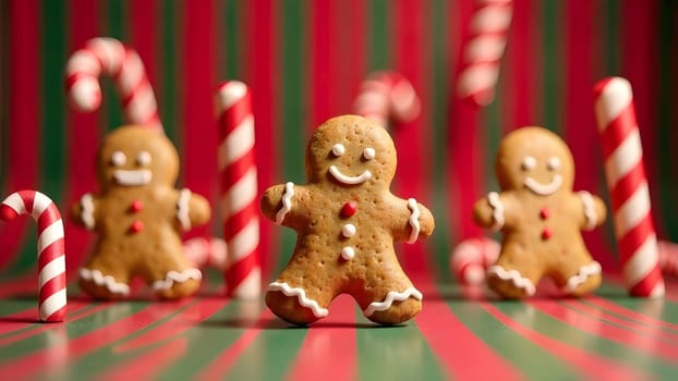 This playful image features gingerbread cookies and candy canes spinning and bouncing in a seamless loop against a lively red and green striped backdrop.