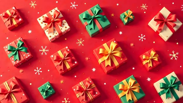 This cheerful design showcases colorful presents with big bows, striped candy canes, and sparkling stars, symmetrically placed on a lively red backdrop for a joyful holiday vibe.