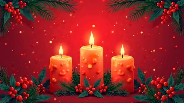 Burning candles paired with natural holiday elements like holly and pine bring a sense of classic festive charm to this pattern.
