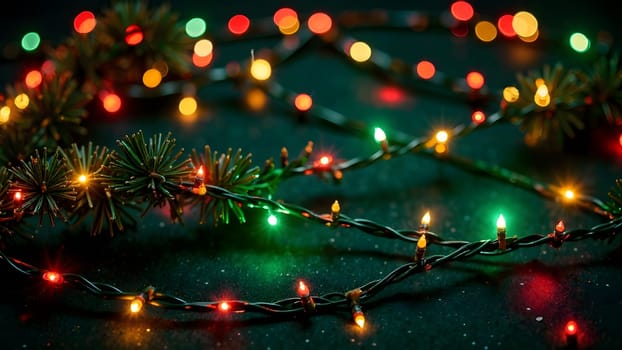 A vibrant holiday pattern with glowing multicolored Christmas lights and intertwined garlands, symmetrically placed against a deep black or dark green background for a dazzling festive feel.