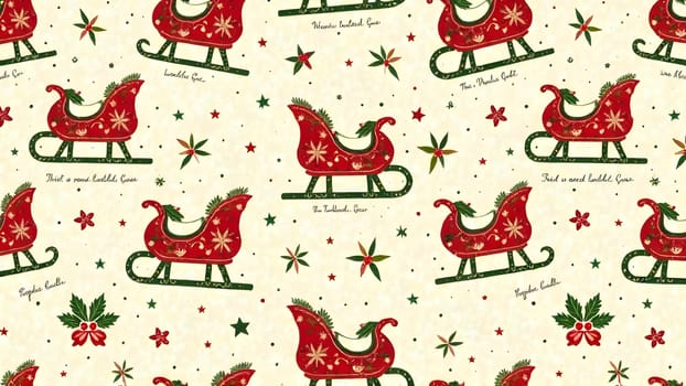 A charming vintage holiday pattern with sleighs, holly, and handwritten greetings, symmetrically laid out in muted green and red shades for a classic festive touch.