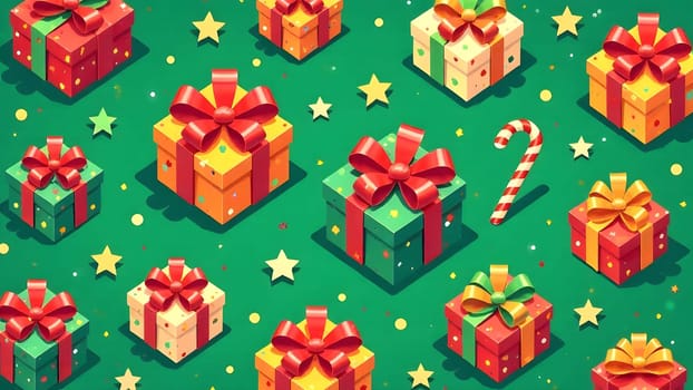 A vibrant holiday pattern of colorful gift boxes with big bows, striped candy canes, and sparkling stars, set symmetrically on a lively green background to capture the festive spirit.
