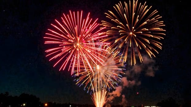 This dynamic design features radiant fireworks and glittering bursts, symmetrically arranged over a deep starry backdrop.
