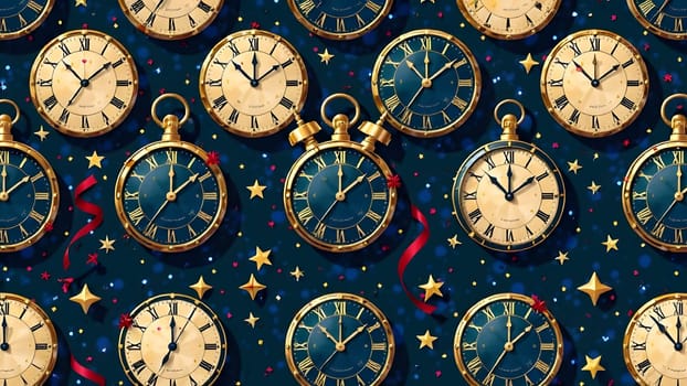 Midnight strikes with vintage clocks, confetti, and ribbons in this elegant pattern. A deep navy background with golden tones enhances its festive charm.