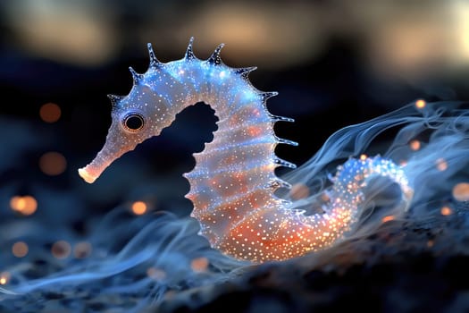 Radiant Seahorse: Fractal inspired seahorse, bioluminescent display, colorful patterns, luminous marine creature, glowing ocean creature, dynamic light display, surreal aquatic design